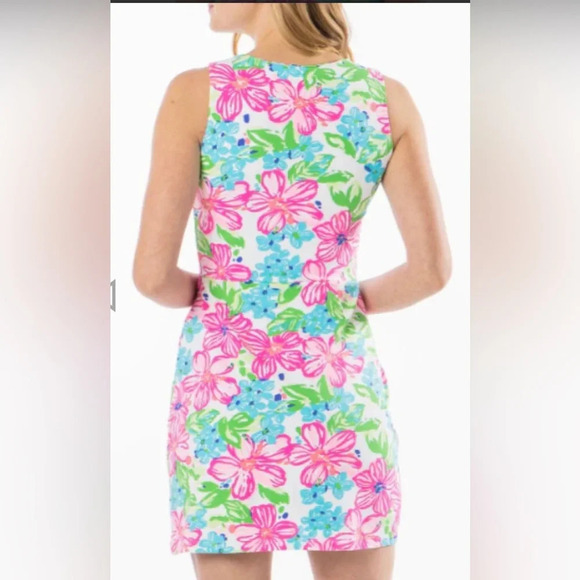 Mahi Gold Callie Dress Happy Hibiscus Tropical Floral Stretch Beachy Spandex s - Picture 3 of 5